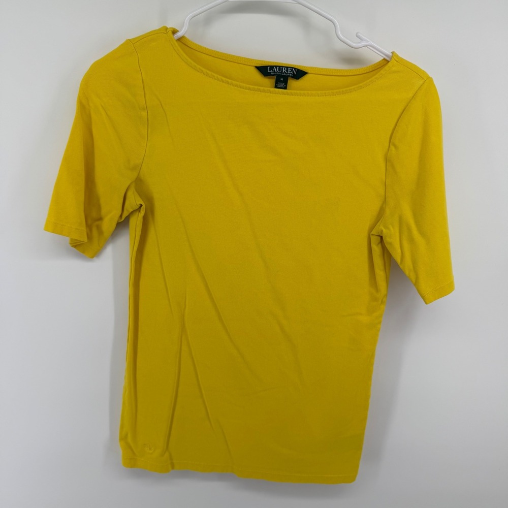 Lauren Ralph Lauren Womens Yellow Boat Neck Short Sleeve Top Logo Size M